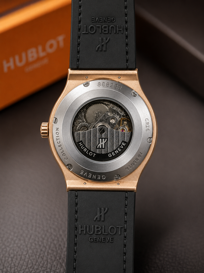 Hublot Automatic Watch – Titanium Rose Gold Dial with Grey Leather Strap